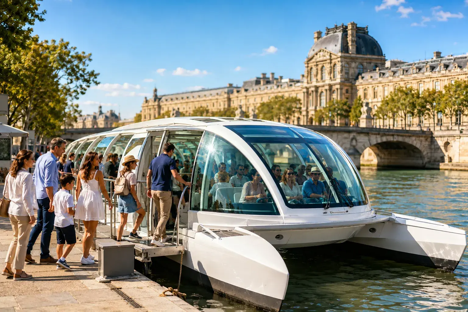 Lanzadera fluvial turística Batobus atracando en estación de París